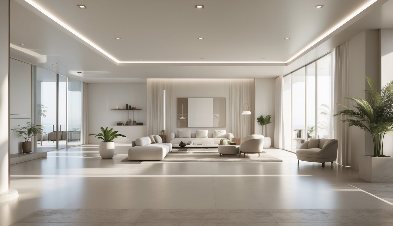 Sebuah ruangan dengan perabotan rapi dan jendela besar yang menerangi interior yang luas dan nyaman.