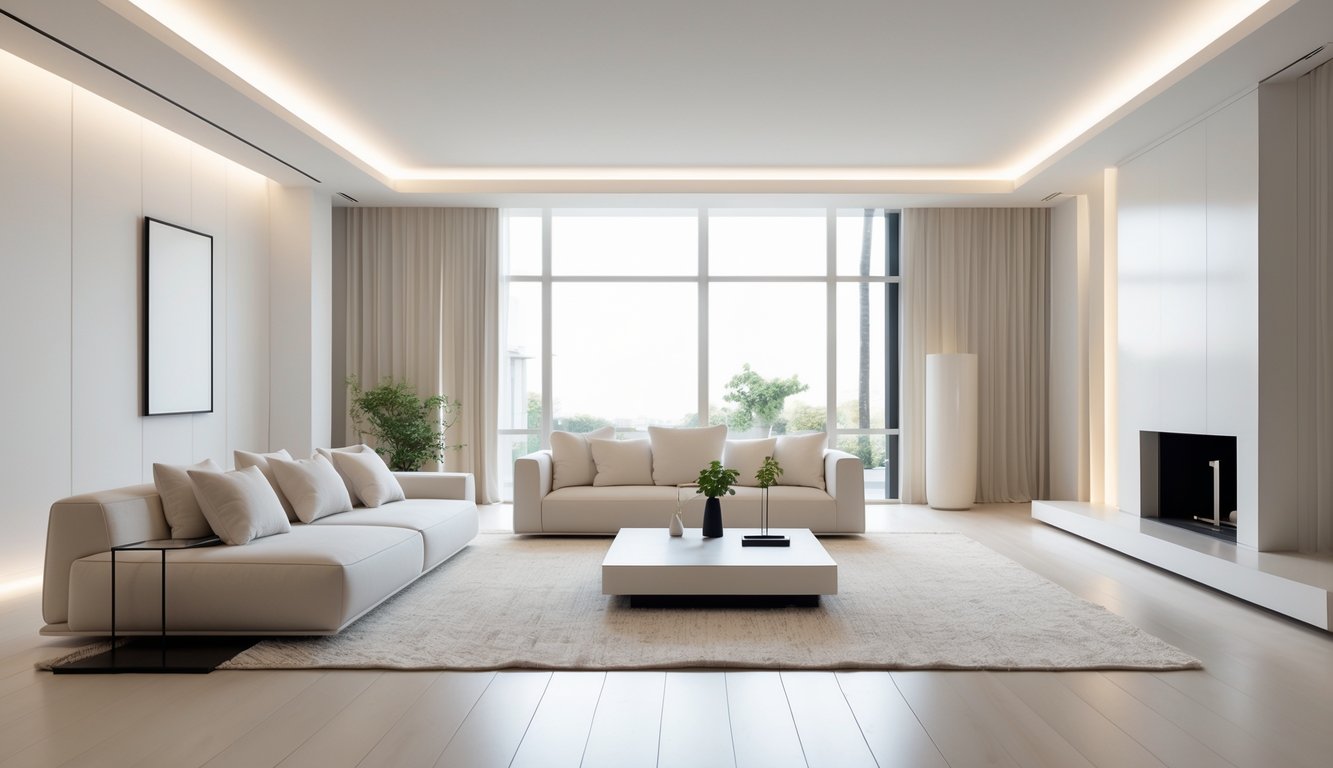 Ruang tamu luas dengan furnitur sederhana dan pencahayaan alami yang terang.