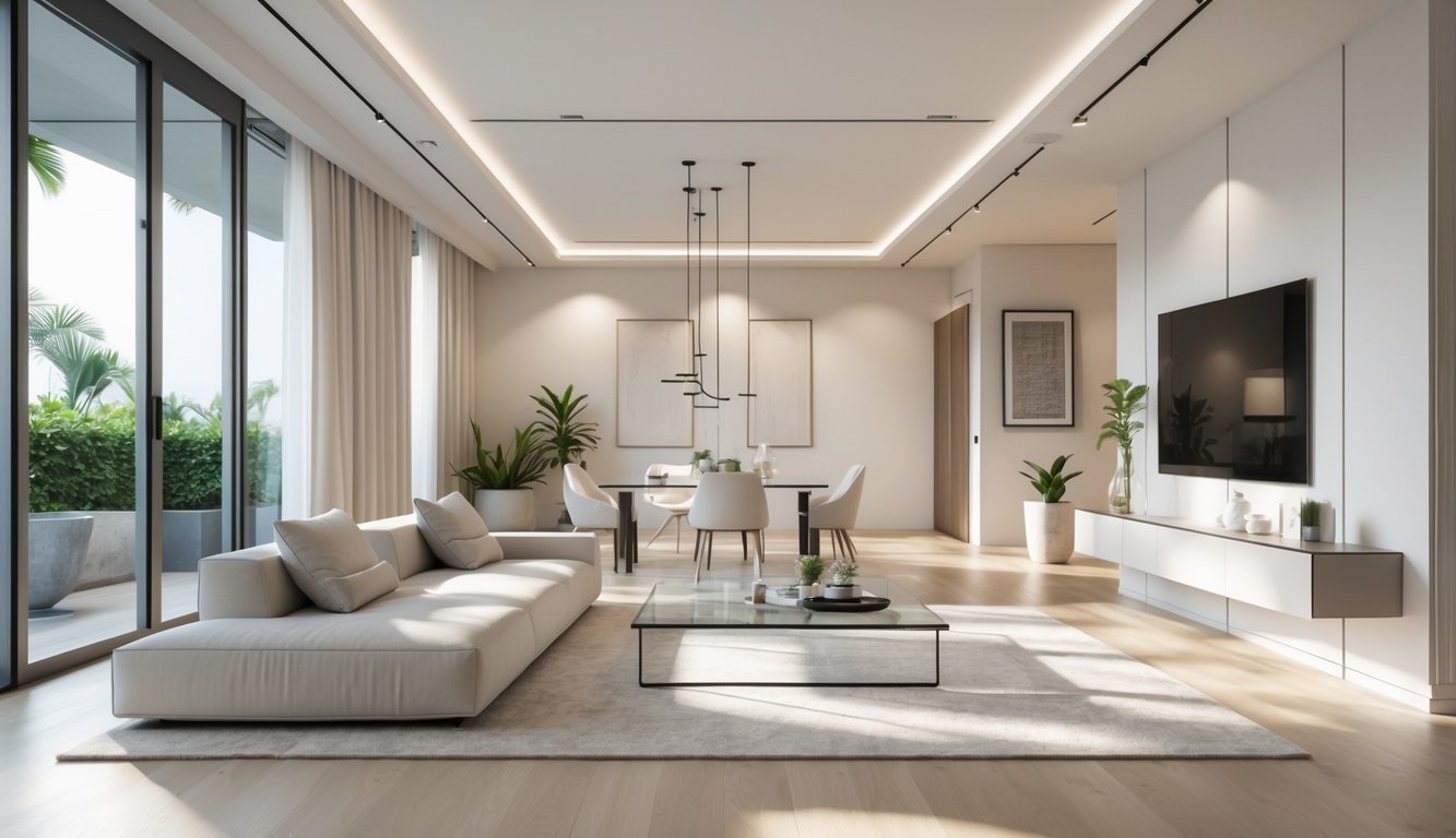 Ruang tamu modern dengan furnitur minimalis dan pencahayaan alami yang terang.