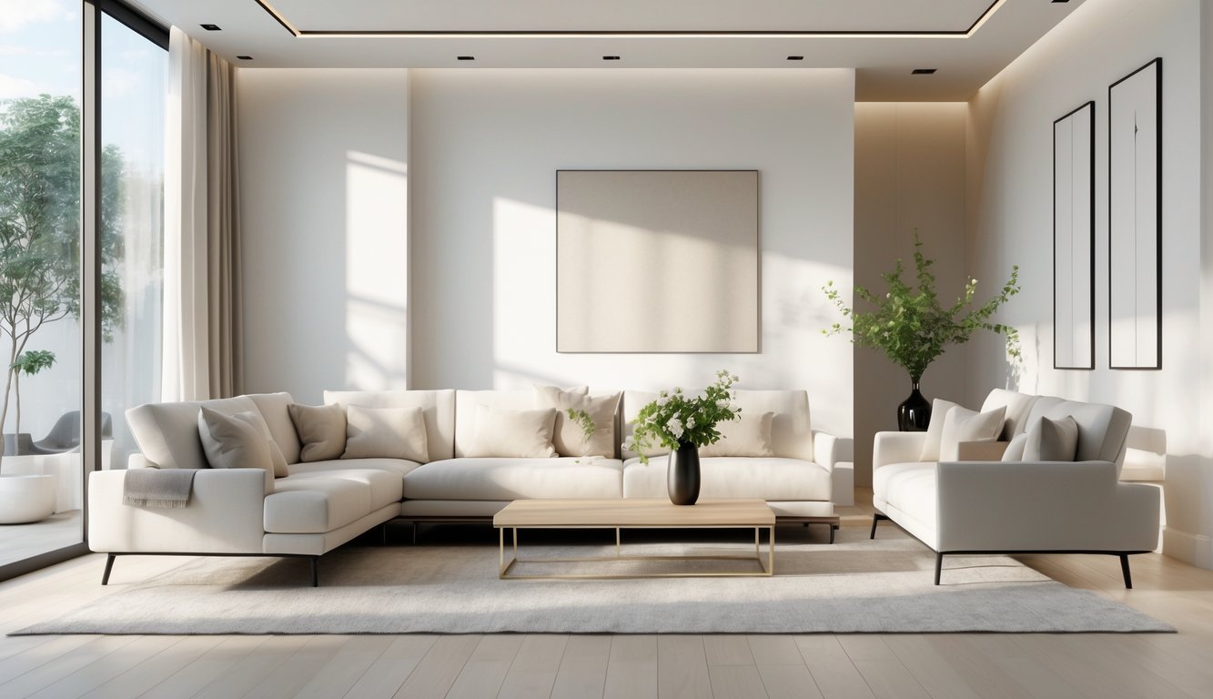 Ruang tamu modern dengan sofa, meja kopi, dan jendela besar yang menerangi ruangan dengan cahaya alami.