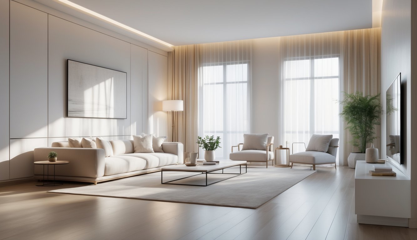 Ruang tamu dengan sofa modern, meja kopi sederhana, jendela besar, dan pencahayaan alami yang terang.