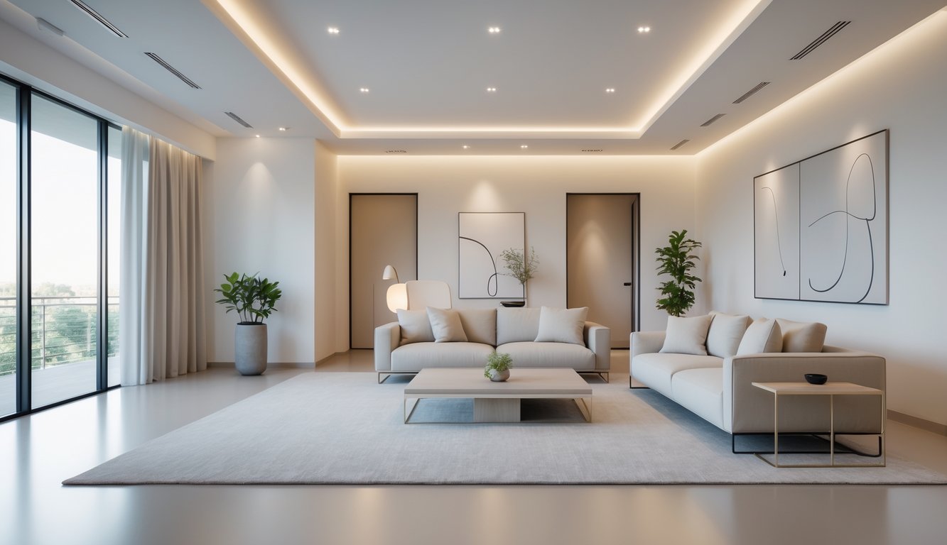 Ruang tamu yang luas dengan sofa modern, meja kopi sederhana, tanaman hias, dan pencahayaan alami dari jendela besar.