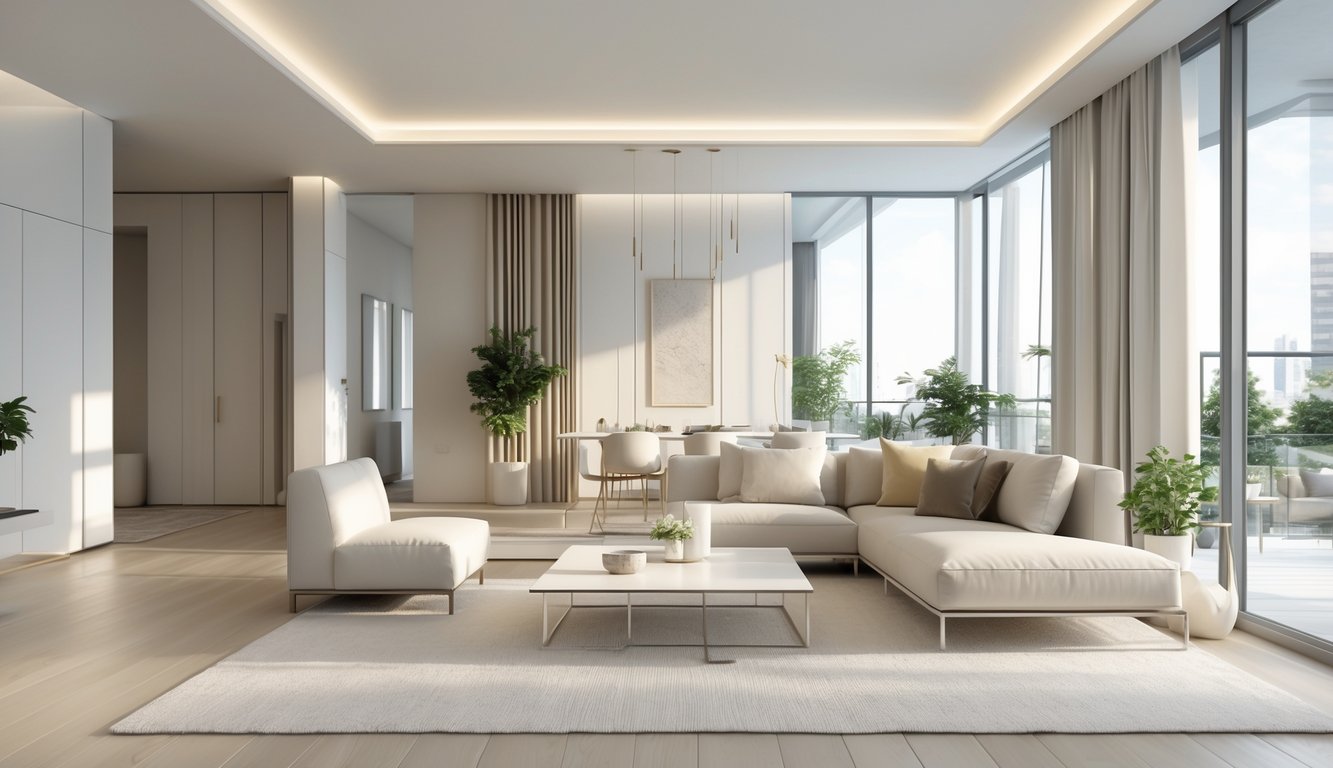 Ruang tamu apartemen modern dengan jendela besar, sofa, meja kopi, tanaman hias, dan pencahayaan alami yang terang.