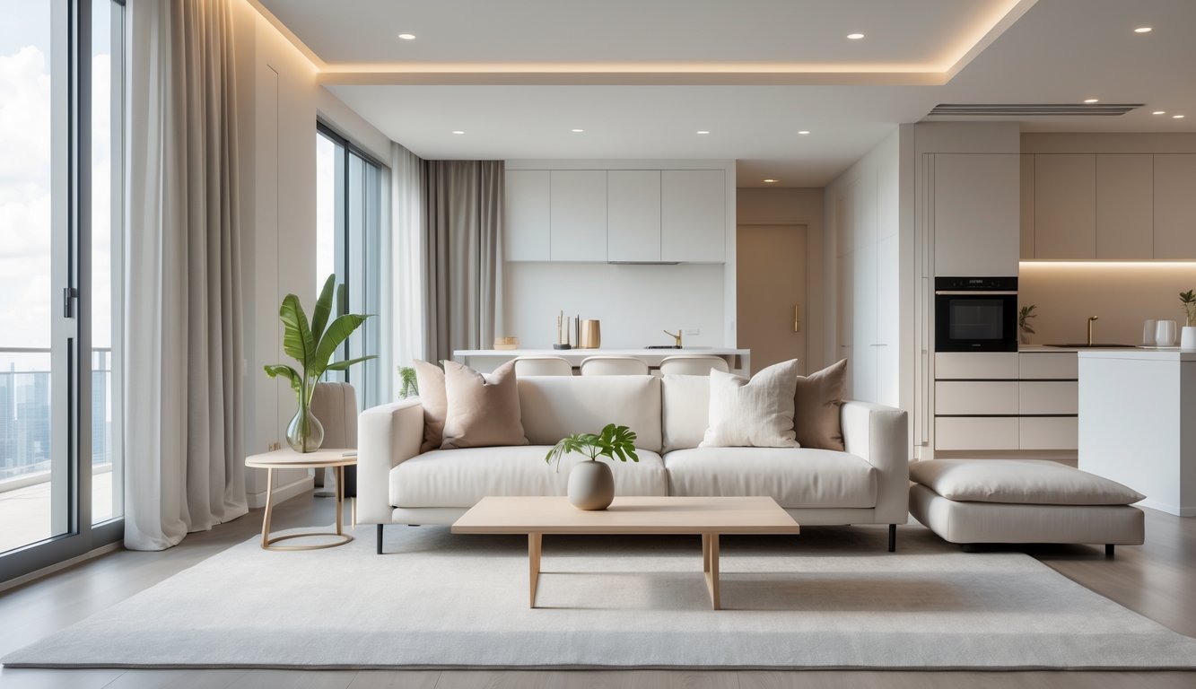 Ruang tamu apartemen modern dengan sofa, meja kopi, tanaman hijau, dan pencahayaan alami dari jendela besar.