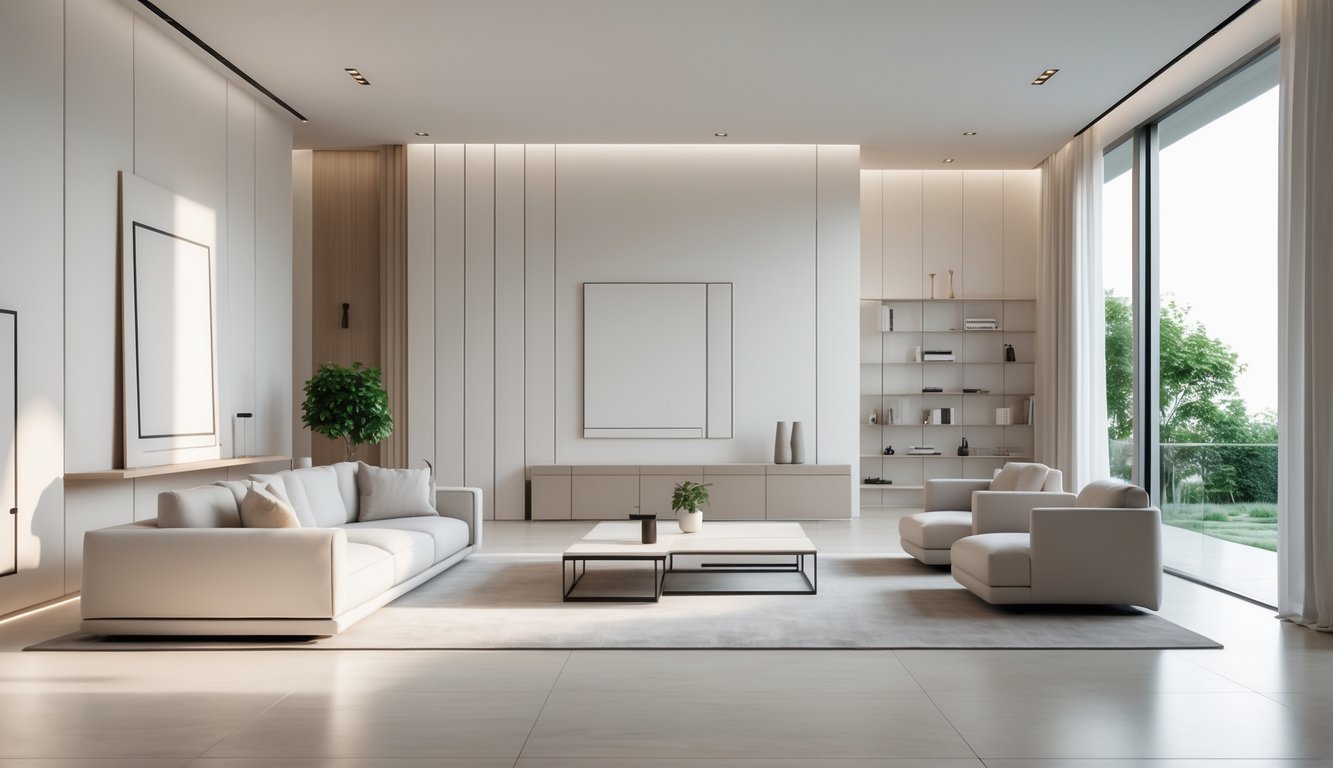 Ruang tamu yang luas dengan sofa nyaman, meja kopi sederhana, jendela besar yang menerangi ruangan, dan dekorasi minimalis yang rapi.