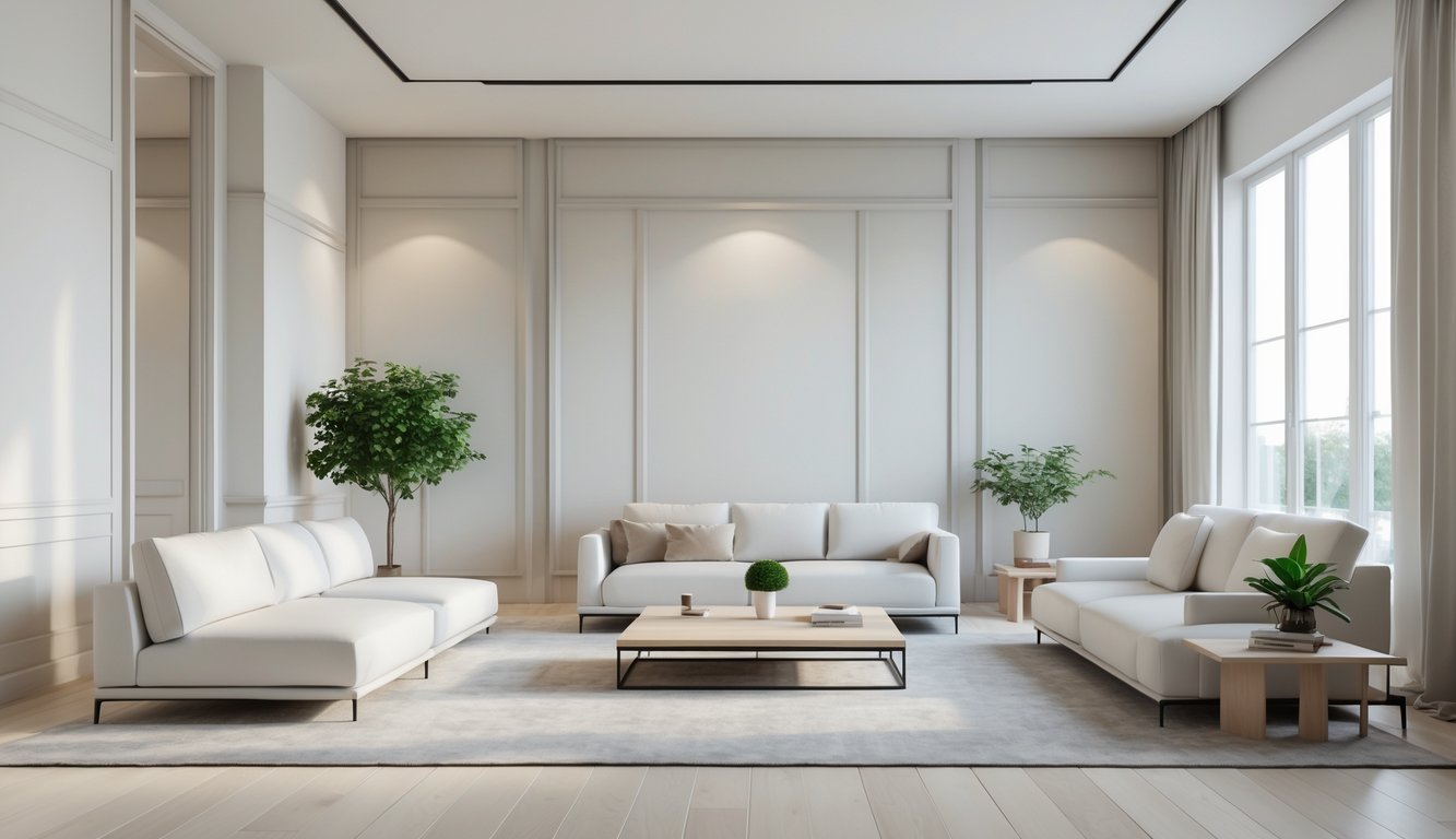 Ruang tamu yang luas dengan sofa modern, meja kayu sederhana, tanaman hijau, dan pencahayaan alami yang terang.