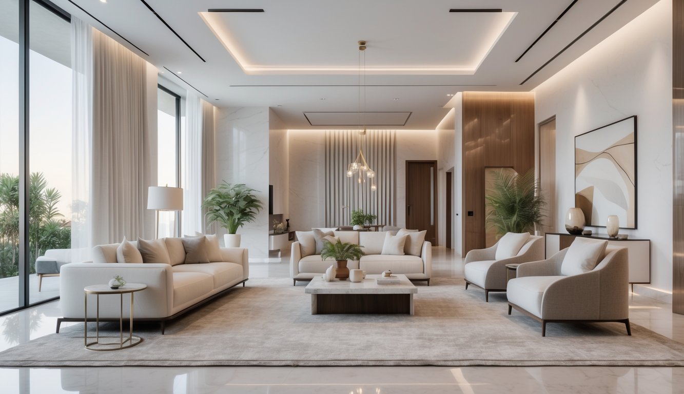 Ruang tamu modern yang luas dengan sofa nyaman, meja kopi, tanaman hias, dan jendela besar yang membiarkan cahaya alami masuk.