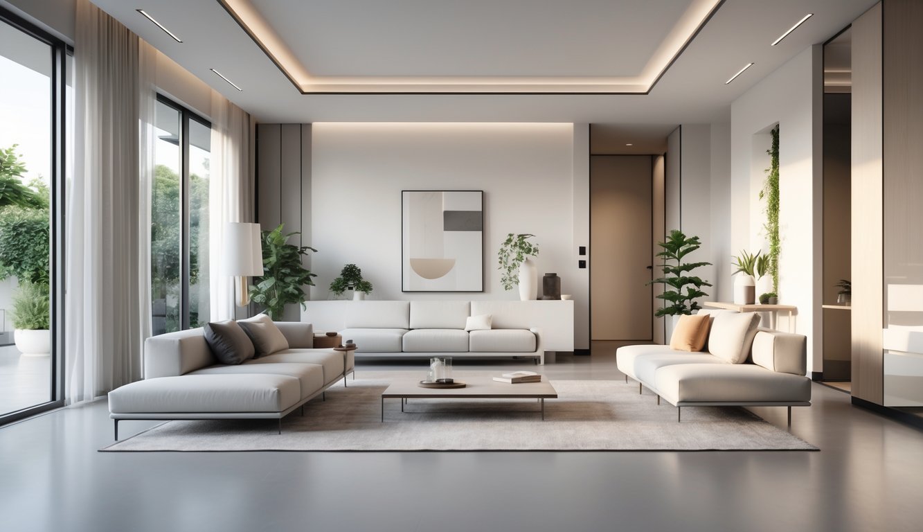 Ruang tamu modern dengan perabotan sederhana dan pencahayaan alami yang terang.