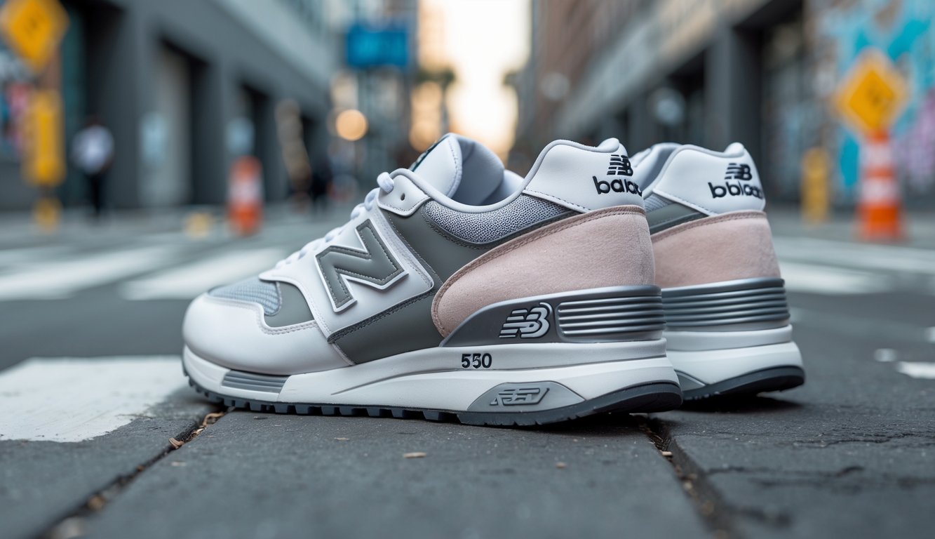 Sepasang sepatu New Balance 530 berwarna putih dan abu-abu diletakkan di jalan perkotaan dengan latar belakang gedung dan dinding grafiti.