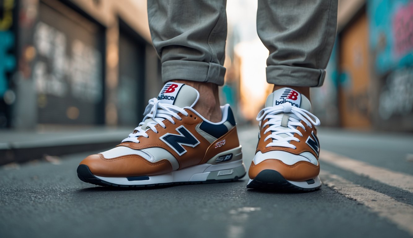 Sepasang sepatu New Balance 530 dikenakan seseorang di jalan perkotaan dengan latar belakang tembok grafiti dan trotoar beton.
