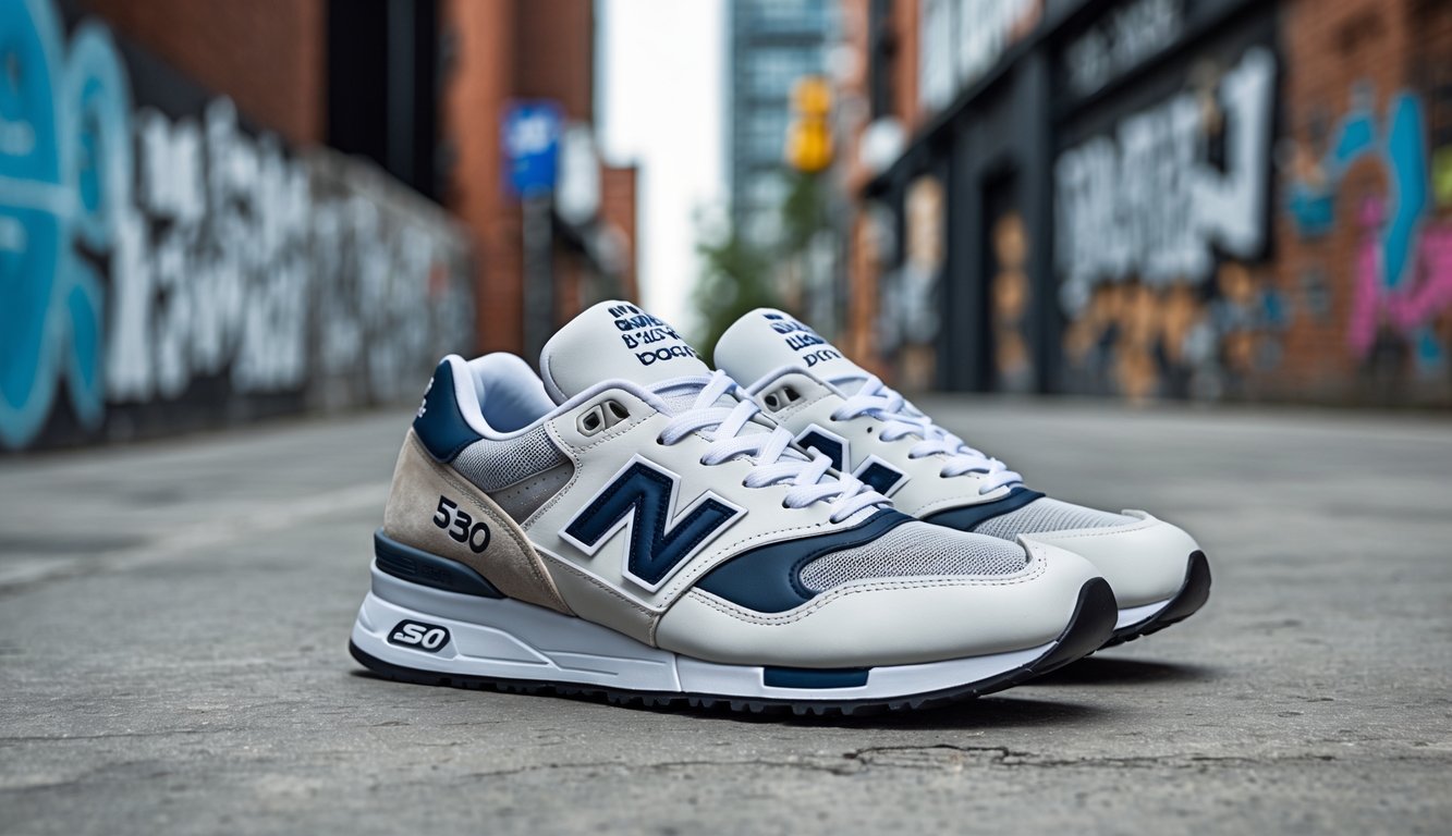 Sepasang sepatu New Balance 530 berwarna putih, abu-abu, dan biru diletakkan di permukaan beton dengan latar belakang jalan kota dan dinding bergrafiti.