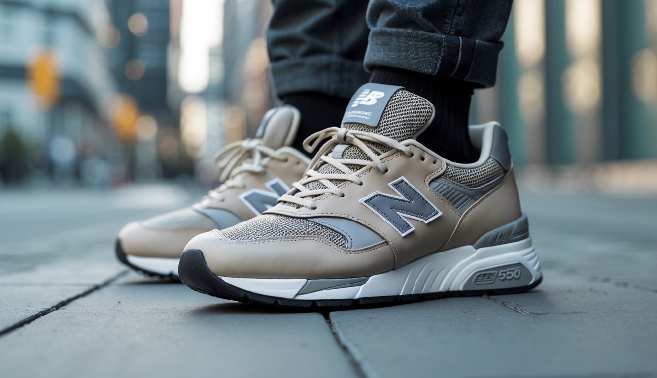 Sepasang sepatu New Balance 530 diletakkan di trotoar kota dengan latar belakang bangunan modern yang samar.