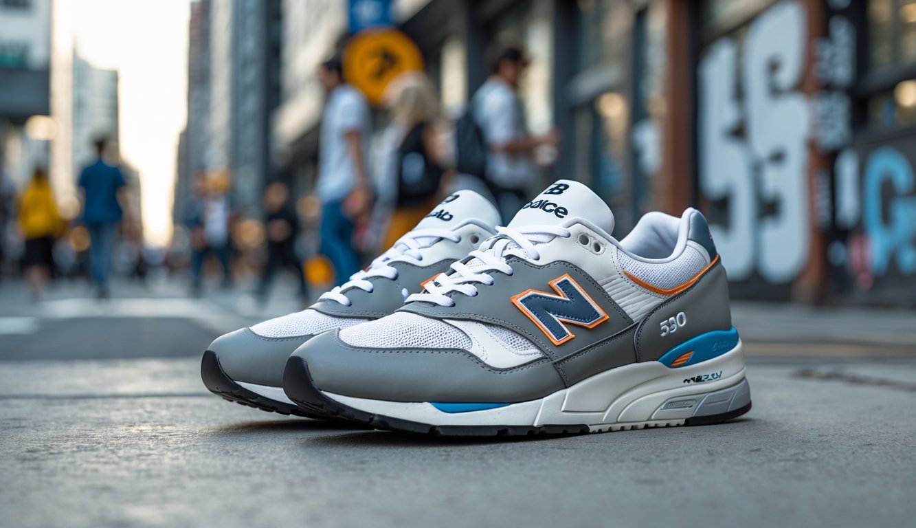 Sepasang sepatu New Balance 530 diletakkan di atas permukaan beton dengan latar belakang jalan kota yang ramai.
