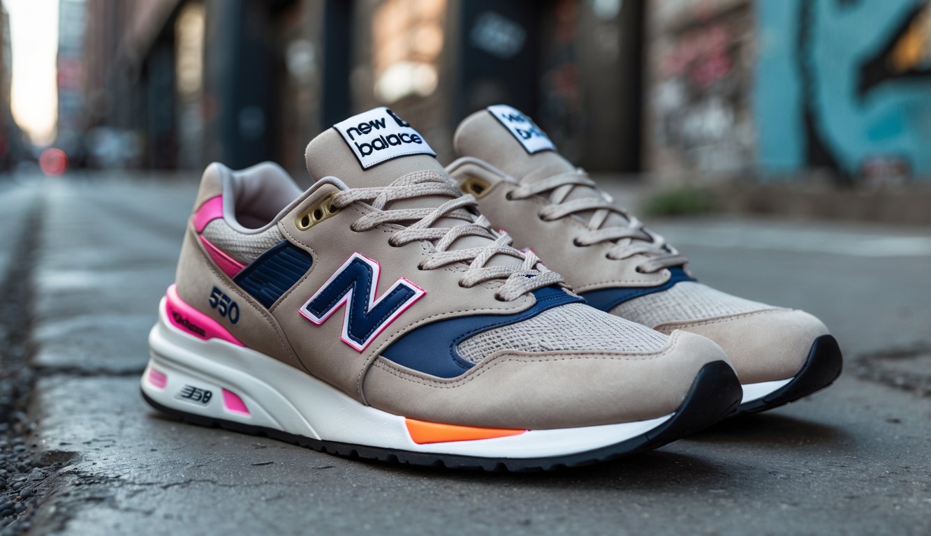 Sepasang sepatu New Balance 530 diletakkan di trotoar jalan perkotaan dengan latar belakang dinding bergrafiti.