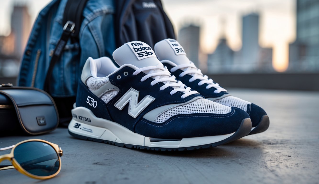 Sepasang sepatu New Balance 530 diletakkan di permukaan beton dengan latar belakang kota yang kabur, dikelilingi oleh aksesori pakaian kasual seperti jaket denim, kacamata hitam, dan tas ransel.