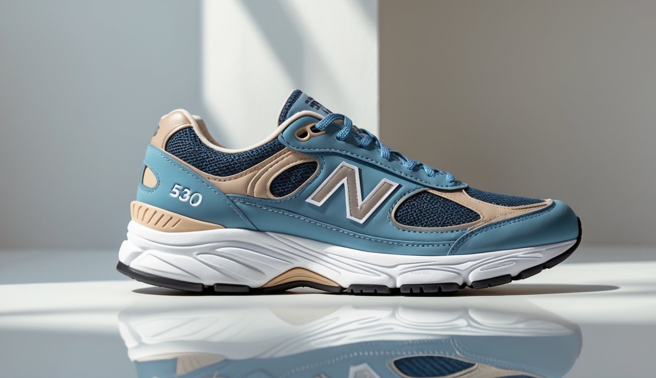 Sepatu New Balance 530 berwarna putih dan abu-abu dengan desain retro diletakkan di latar belakang polos.