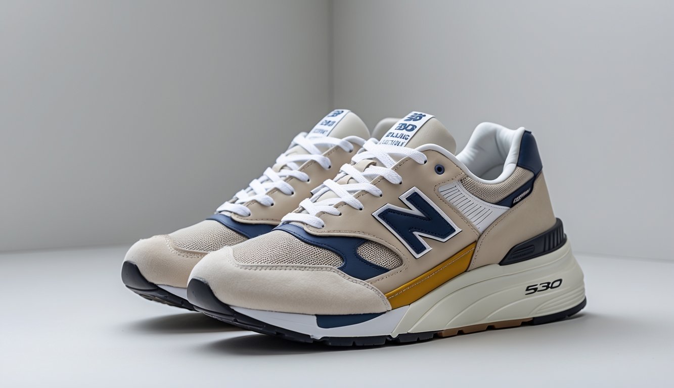 Sepasang sepatu New Balance 530 diletakkan di latar belakang polos dengan pencahayaan terang.