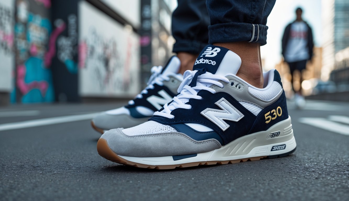 Sepasang sepatu New Balance 530 diletakkan di trotoar jalan kota dengan latar belakang dinding grafiti dan pejalan kaki berpakaian kasual.
