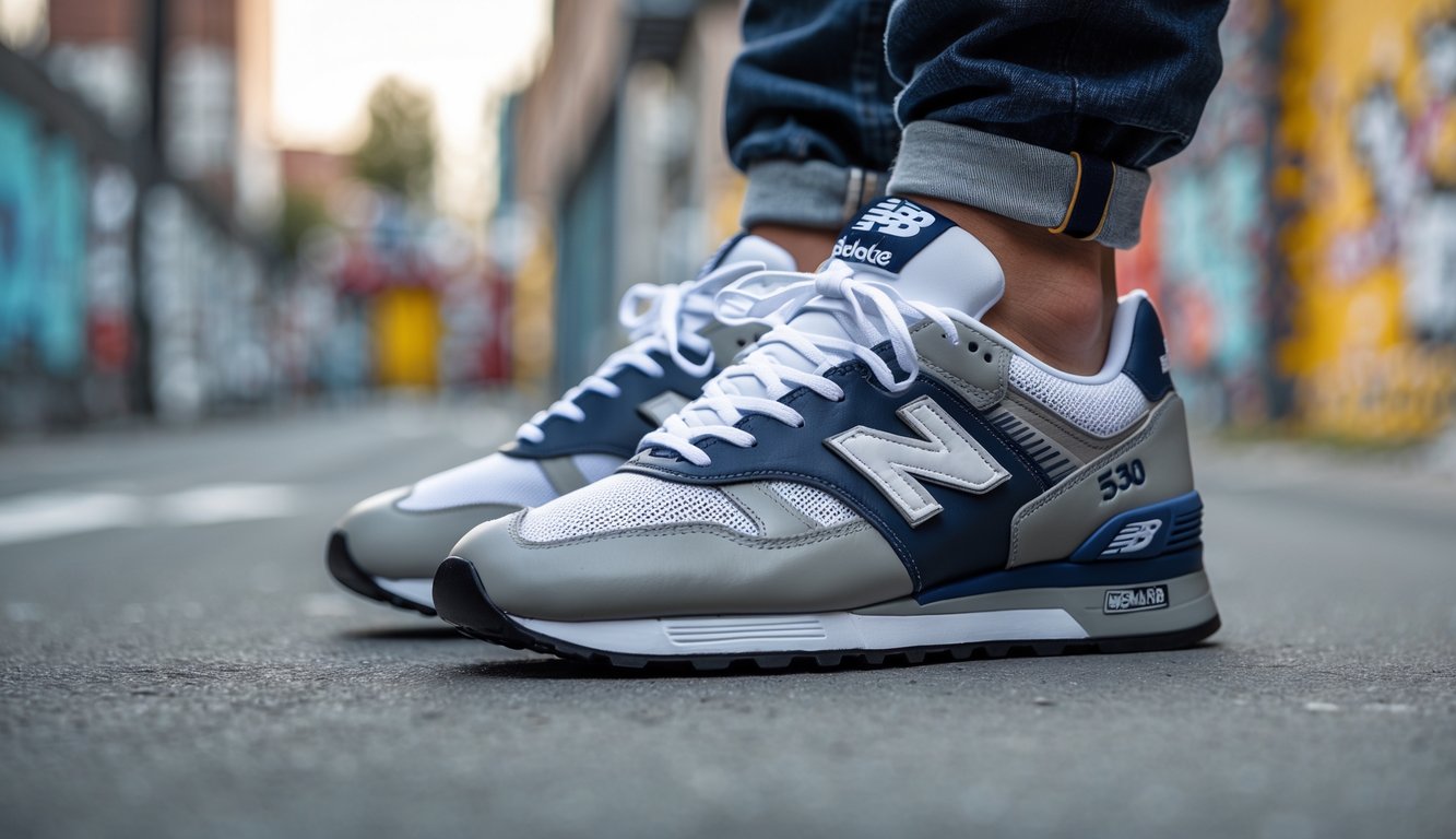 Sepasang sepatu New Balance 530 berwarna putih dan abu-abu diletakkan di jalan kota dengan latar belakang tembok grafiti dan trotoar beton.