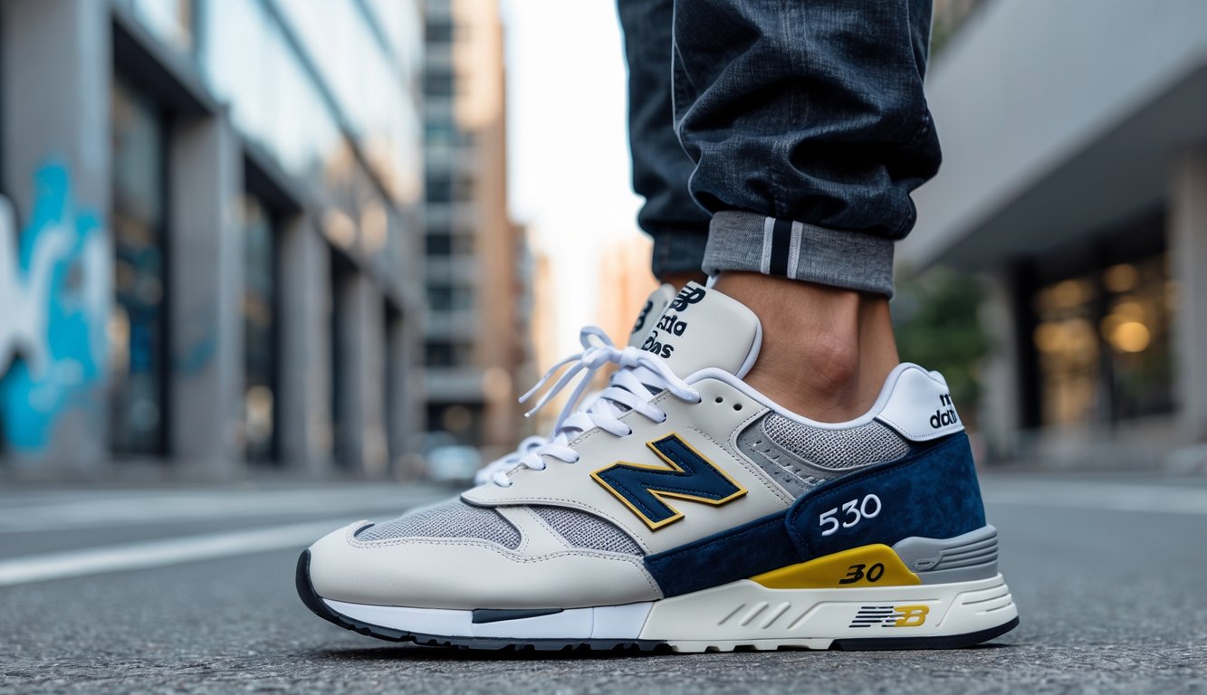 Seorang muda berdiri di jalan kota mengenakan pakaian kasual dengan sepatu New Balance 530 yang terlihat jelas.