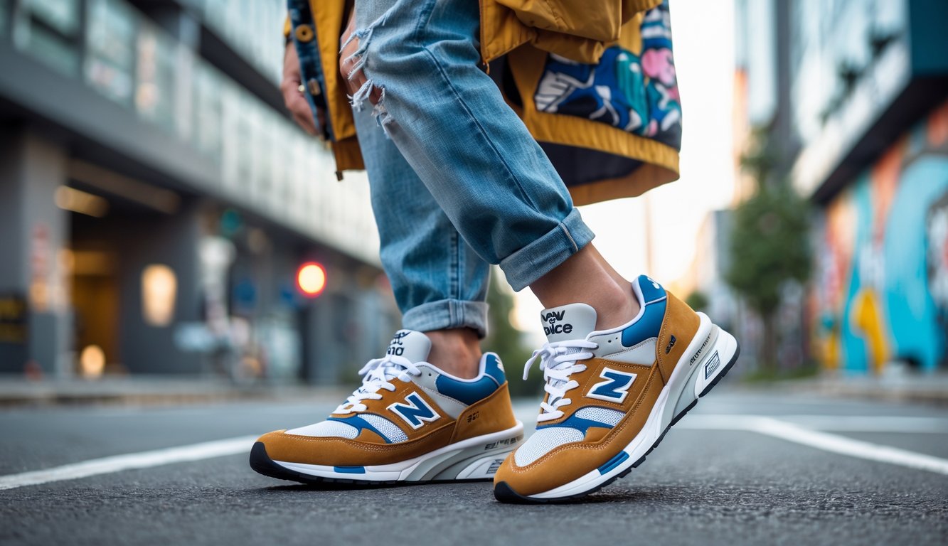 Seorang muda mengenakan sepatu New Balance 530 berdiri di jalan kota dengan latar belakang bangunan dan seni grafiti.