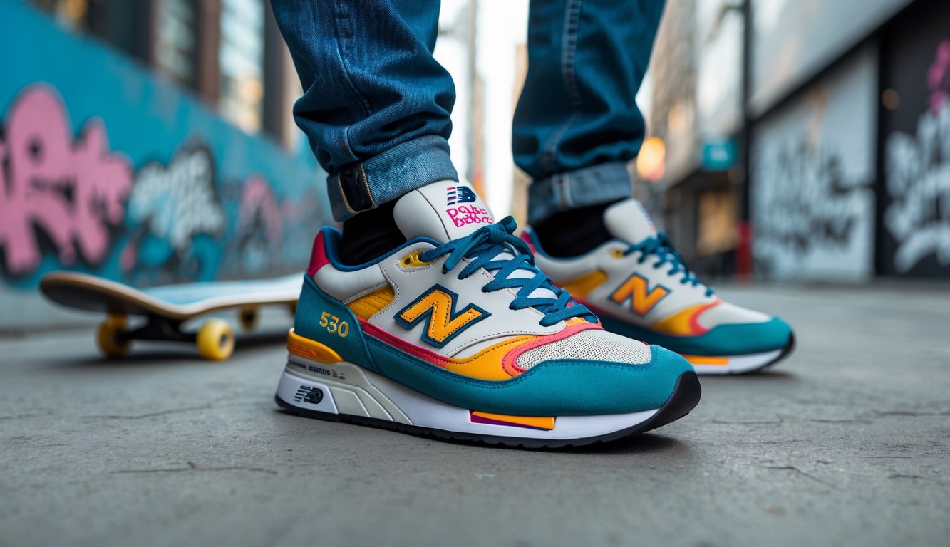 Sepasang sepatu New Balance 530 diletakkan di trotoar dengan latar belakang seni grafiti dan suasana jalan kota.