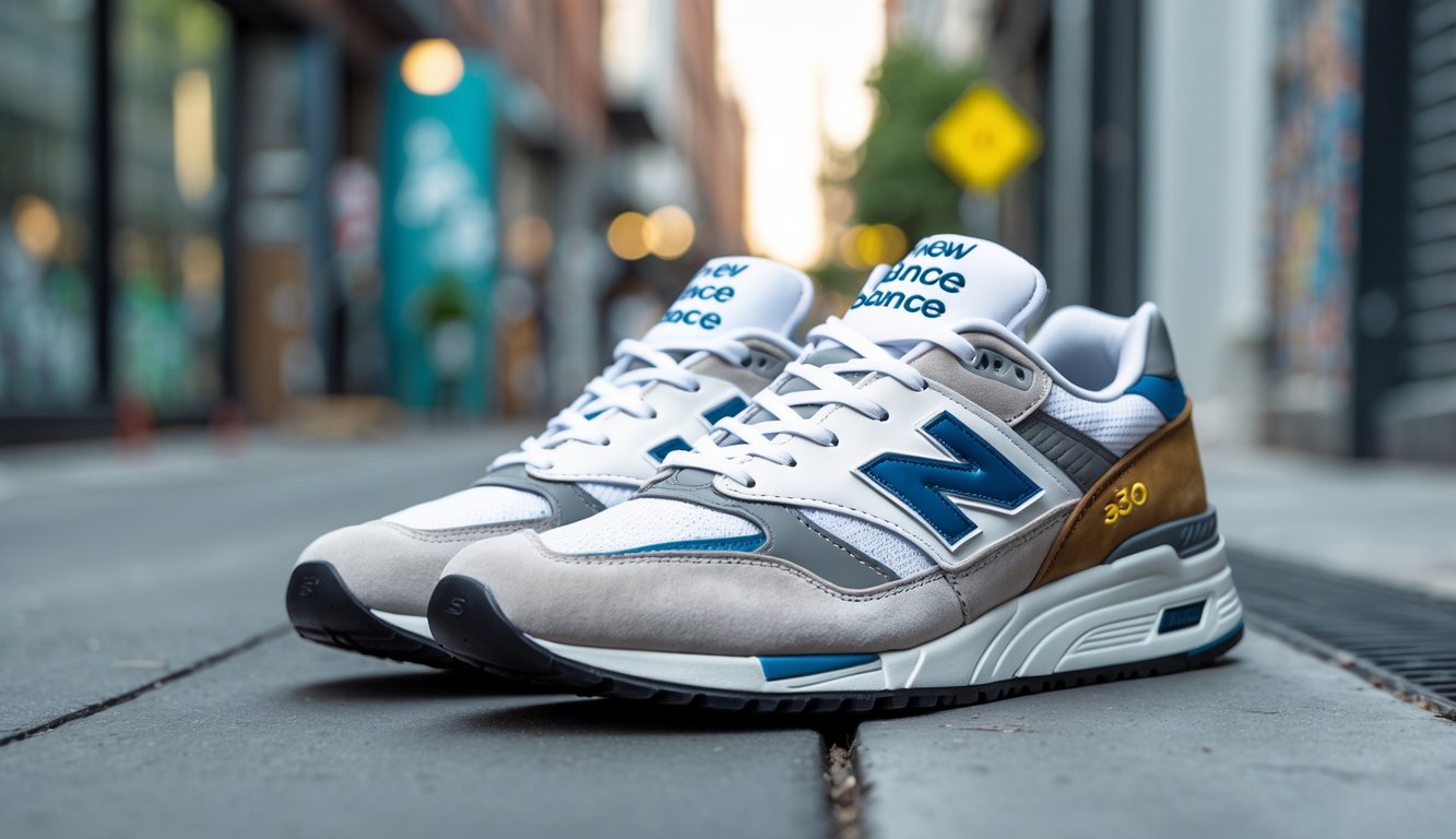 Sepasang sepatu New Balance 530 berwarna putih dan abu-abu diletakkan di trotoar jalan kota dengan latar belakang pemandangan jalan yang samar.