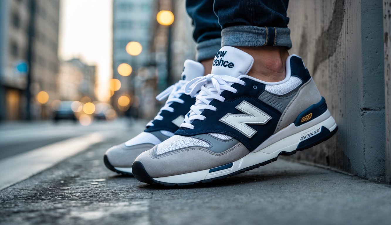 Sepasang sepatu New Balance 530 berwarna putih, abu-abu, dan biru dipajang di permukaan beton di area jalan kota dengan latar belakang bangunan dan lampu jalan.