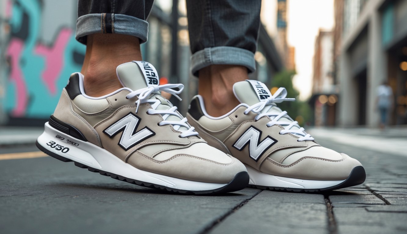 Sepasang sepatu New Balance 530 dipakai oleh seseorang di jalan kota dengan latar belakang arsitektur modern dan seni grafiti.