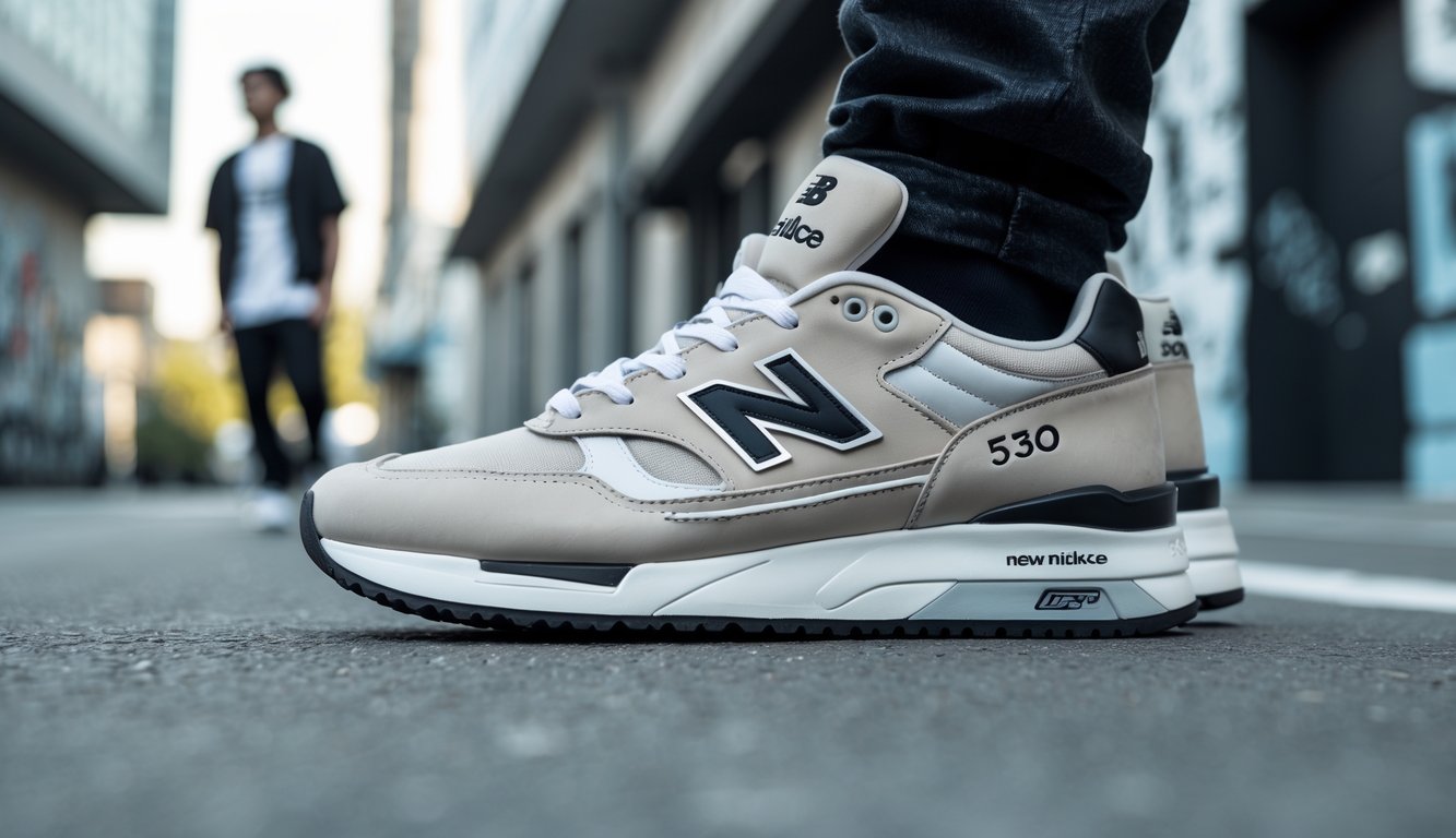 Sepasang sepatu New Balance 530 dikenakan oleh seorang muda di jalan kota dengan latar belakang dinding graffiti dan bangunan modern.