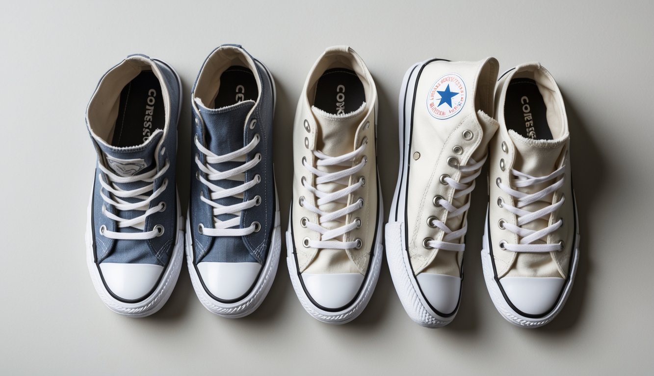 Sepasang sepatu Converse Chuck Taylor All Star dengan model tinggi dan rendah, diletakkan berdampingan di atas latar belakang netral.