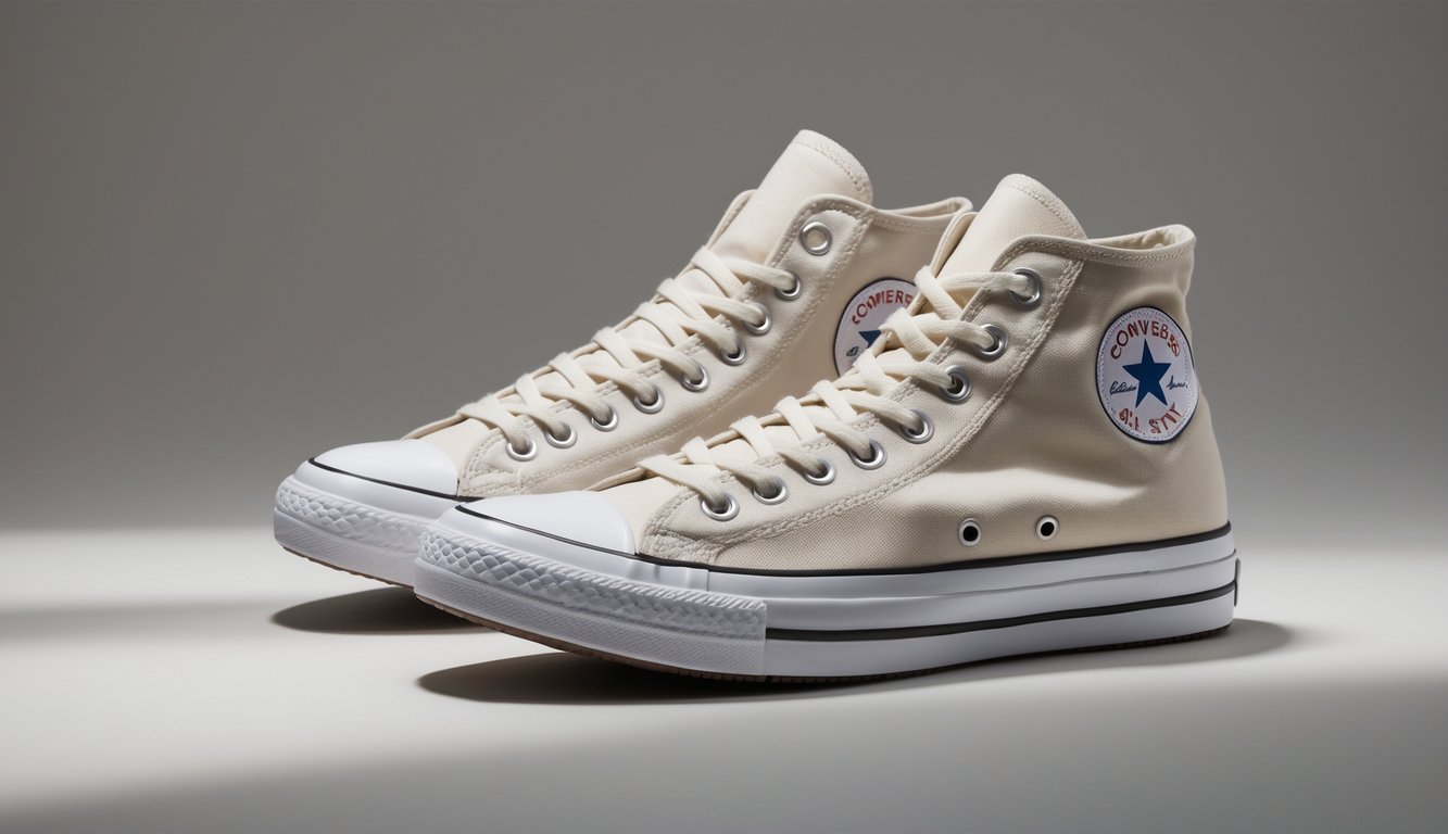Sepasang sepatu Converse Chuck Taylor All Star model high top dan low top berwarna putih dengan latar belakang netral.