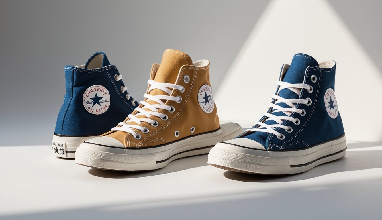 Sepasang sepatu Converse Chuck Taylor All Star Hi dan Ox berwarna cerah diletakkan berdampingan di atas latar netral.