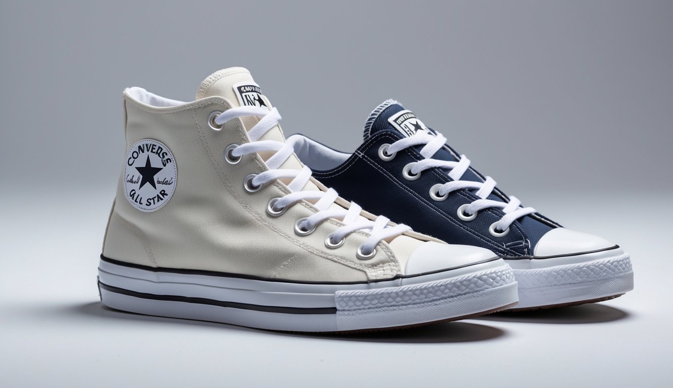 Sepasang sepatu Converse Chuck Taylor All Star, satu model high-top dan satu model oxford, diletakkan berdampingan di atas latar belakang polos.