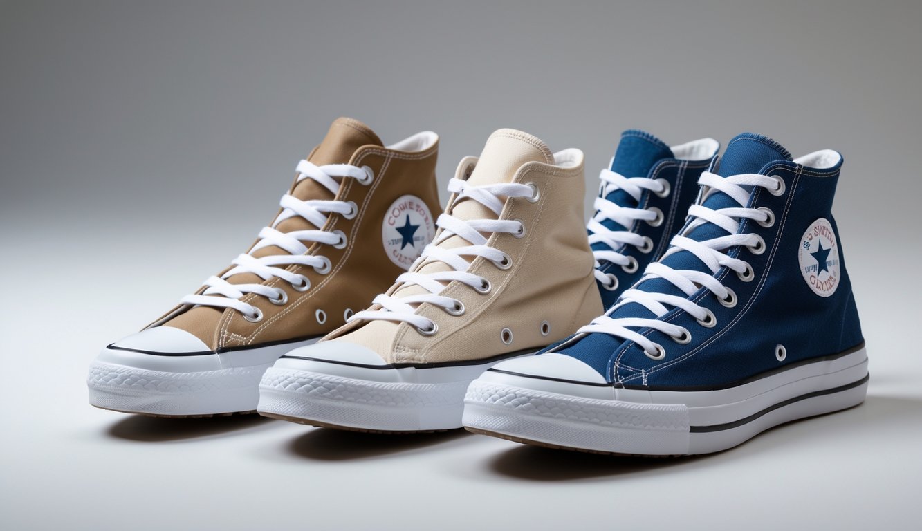 Sepasang sepatu Converse Chuck Taylor All Star model high top dan low top berwarna putih dengan bahan kanvas ringan diletakkan berdampingan di atas permukaan datar.