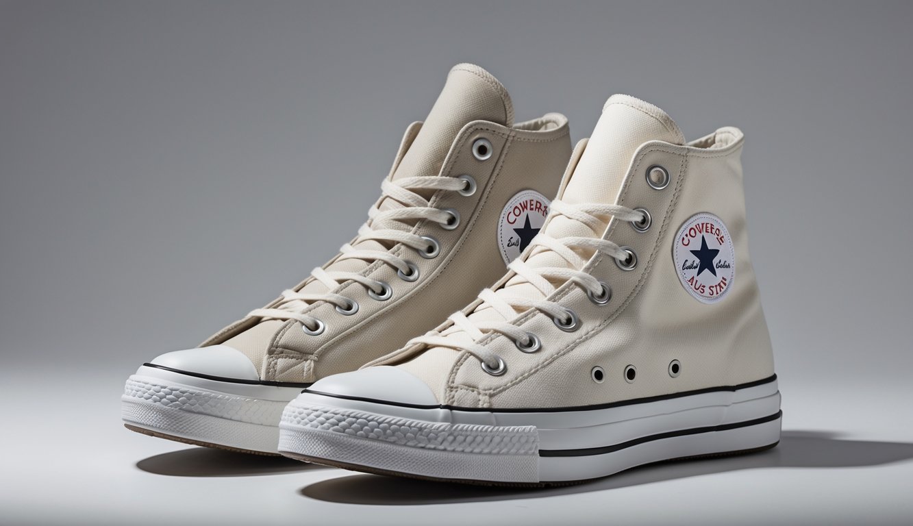 Sepasang sepatu Converse Chuck Taylor All Star model high top dan low top berwarna cerah dengan bahan kanvas ringan, diletakkan di atas latar belakang netral.