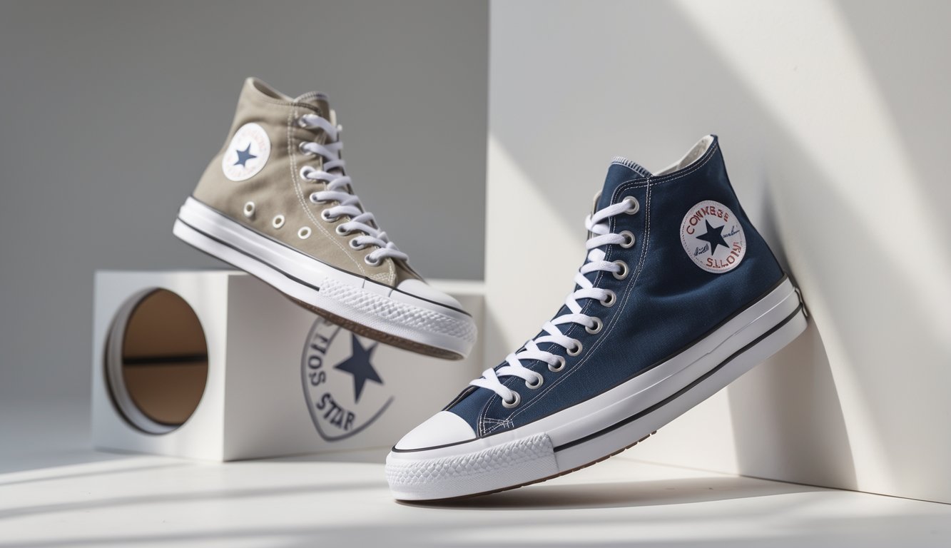 Sepasang sepatu Converse Chuck Taylor All Star kanvas, satu model high top dan satu model low top, ditampilkan di latar belakang polos.
