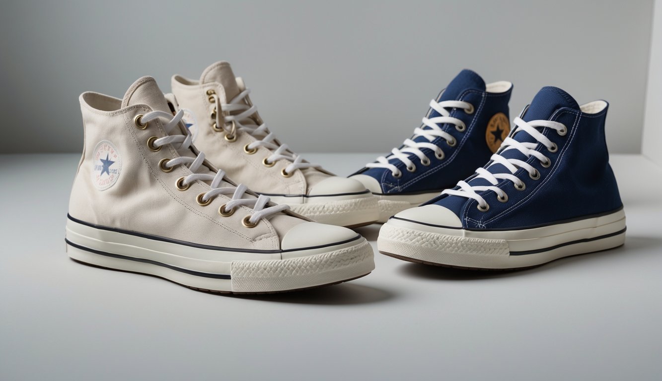 Sepasang sepatu Converse Chuck Taylor All Star kanvas, satu model high top dan satu model low top, diletakkan berdampingan pada latar belakang polos.