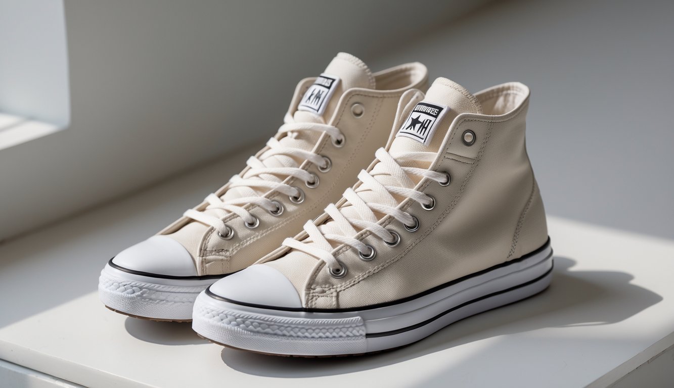 Sepasang sepatu Converse Chuck Taylor All Star Hi berwarna netral diletakkan di permukaan bersih dengan latar belakang buram.
