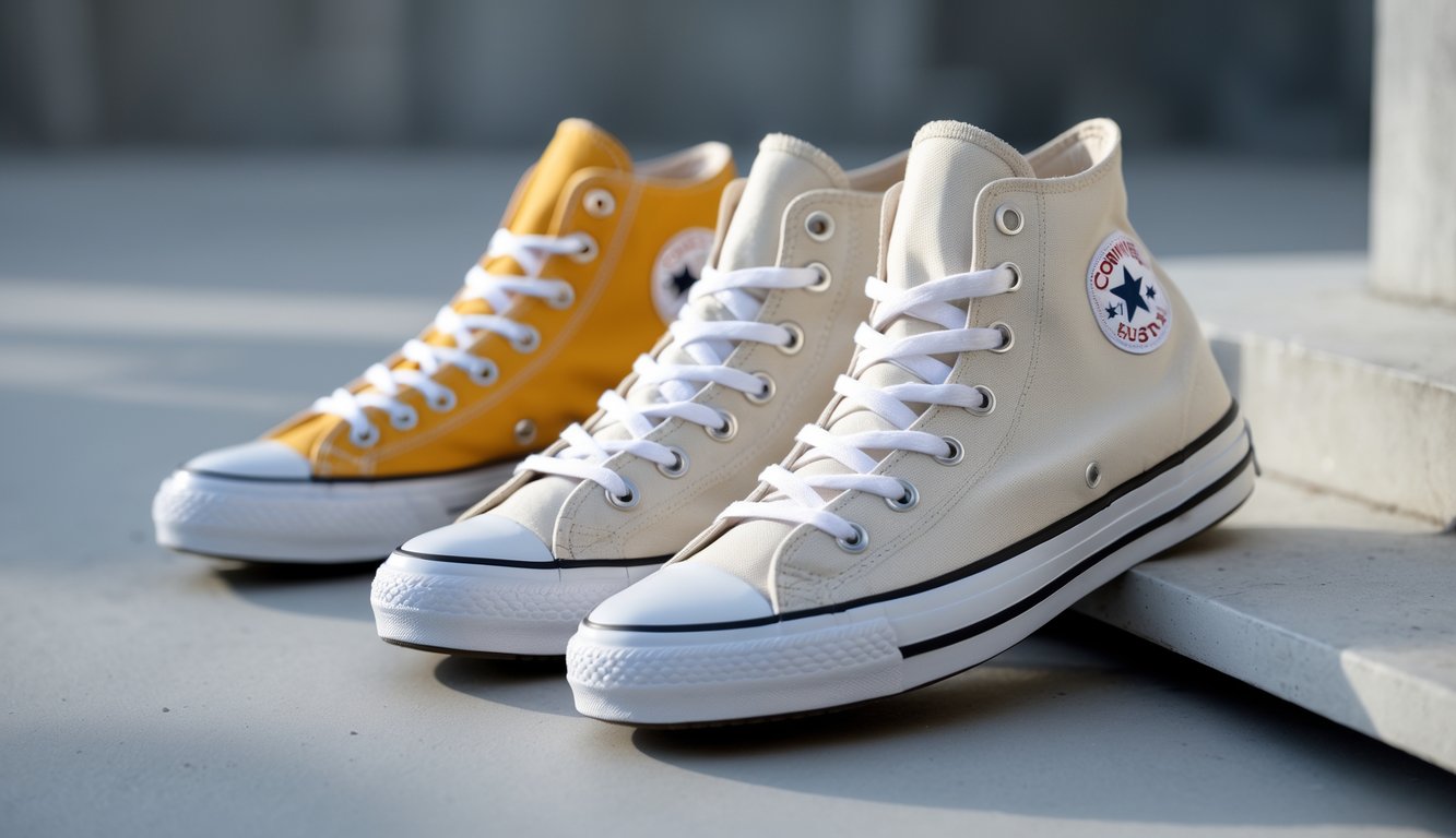 Sepasang sepatu Converse Chuck Taylor All Star Hi dan Ox berwarna putih diletakkan di atas permukaan datar dengan latar belakang yang samar.