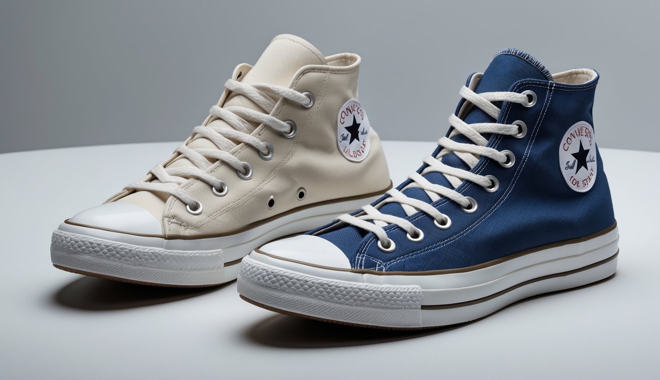 Sepasang sepatu sneakers Converse Chuck Taylor All Star, satu model high top dan satu model low top, diletakkan berdampingan di latar belakang polos.