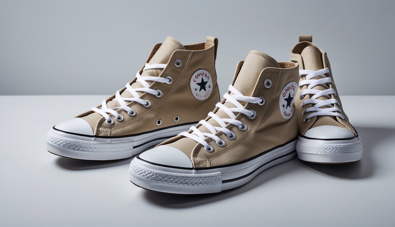 Sepasang sepatu Converse Chuck Taylor All Star, satu model high top dan satu model low top, ditampilkan di atas latar belakang netral.