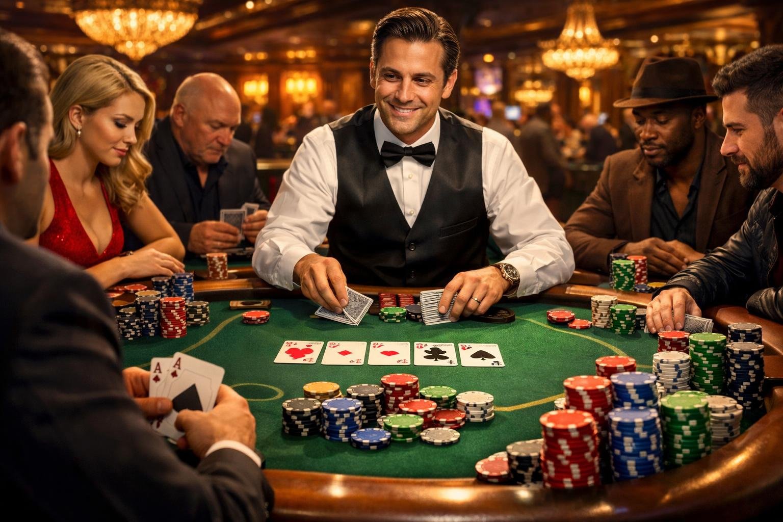 A Poker Table With Players And A Dealer In A Casino Setting, Showing Cards And Poker Chips On The Table.