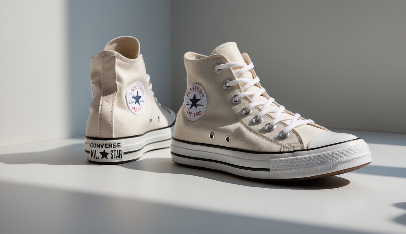 Sepasang sepatu Converse Chuck Taylor All Star, satu model high top dan satu model low top, diletakkan berdampingan di latar belakang netral.