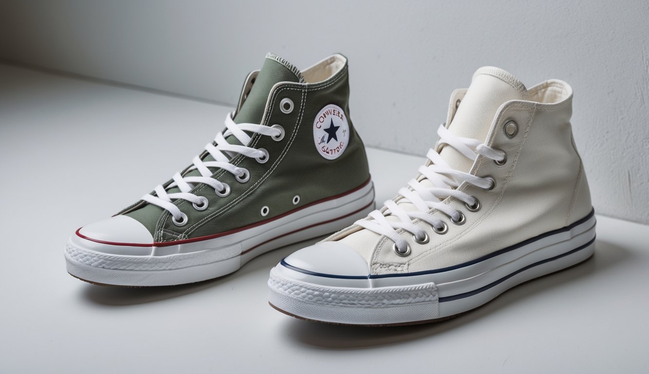 Sepasang sepatu Converse Chuck Taylor All Star, model high top dan low top, terletak berdampingan di atas permukaan netral.