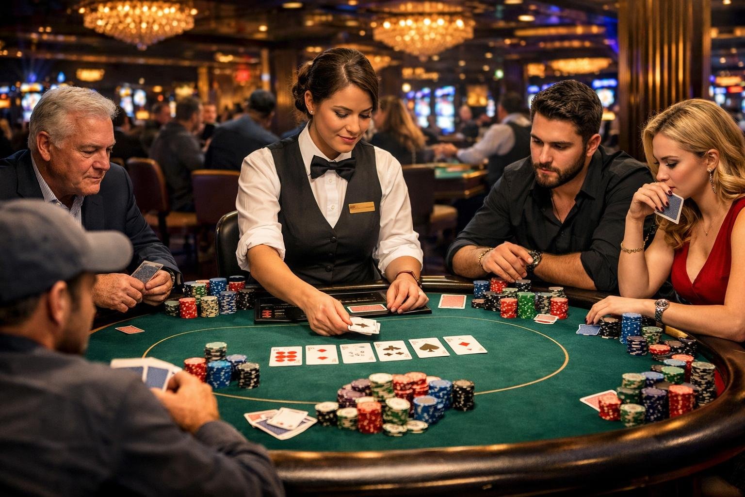 A Casino Poker Table With Players And A Dealer Engaged In A Game, Surrounded By Chips And Cards.