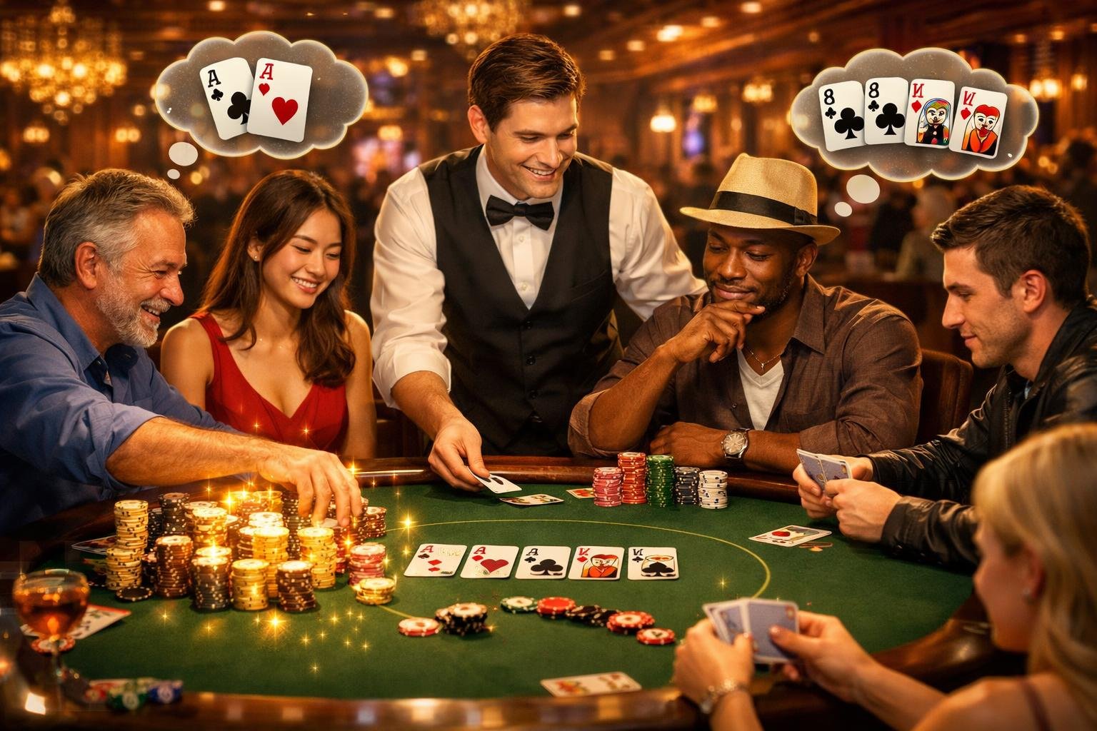 A Group Of Diverse Players Sitting Around A Poker Table In A Lively Casino, Focused On The Game With Chips And Cards On The Table.