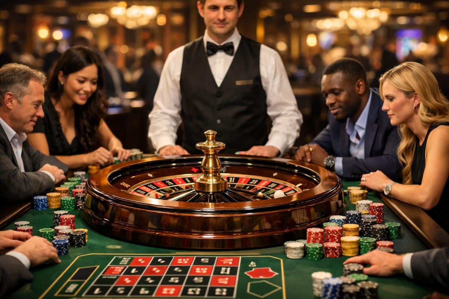 A Roulette Table With A Spinning Wheel, A Dealer, And Players Placing Bets In A Casino.