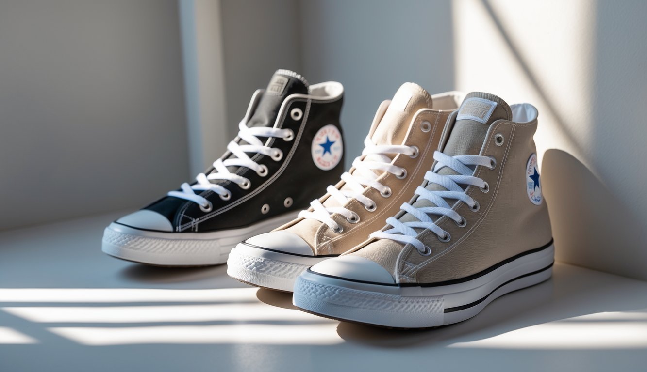 Sepasang sepatu Converse Chuck Taylor All Star Kanvas Fleksibel model high top dan low top yang diletakkan berdampingan pada latar belakang netral.