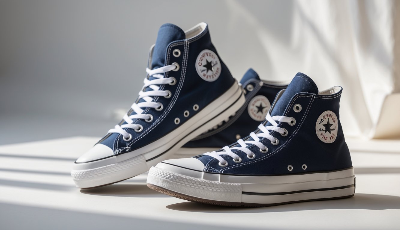 Sepasang sepatu Converse Chuck Taylor All Star kanvas, satu model high top dan satu model low top, diletakkan berdampingan di atas latar belakang netral.